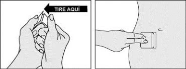 Two drawings show hands pulling a tab from an adhesive patch and a hand applying the device to the skin