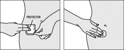 Two diagrams show how to remove a protective cover from a device applied to the skin