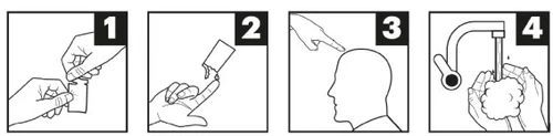 Quattro diagrammi numerati mostrano come aprire una bustina, versare la polvere su un dito, applicarla sulla fronte e lavarsi le mani sotto l'acqua