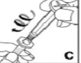 Disegno in bianco e nero che mostra due mani che avvitano una siringa a un flacone di medicinale con la lettera C in basso a destra
