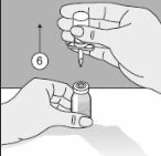 Two hands handling a vial and a medical device with a needle, with an arrow pointing towards it