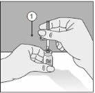 Two hands holding a small vial while the right hand inserts the