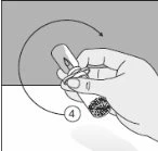 One hand rotates a medical device indicated by the number 4, with a curved arrow showing the clockwise rotational movement