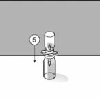 Technical drawing of a glass vial with a syringe above it and a downward-pointing arrow next to the number 5