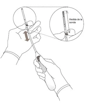 Technical drawing of hands holding a medical probe with arrows indicating movement and an inset showing probe measurement