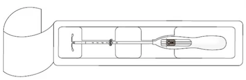 Black and white technical drawing of an elongated medical device contained within the