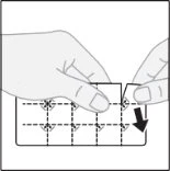 Two hands lifting and detaching a piece from a tablet sheet with dashed lines and a black arrow pointing downward