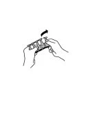 Two hands hold a rectangular medical device while a curved arrow indicates the movement of opening or inserting an upper component
