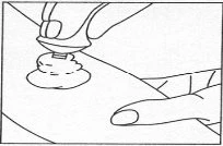 Black and white drawing showing a hand pressing an applicator onto an area of the skin
