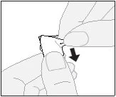 Two hands pressing and bending a small white container, with a black arrow pointing downward indicating the movement