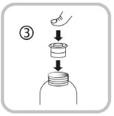 Diagramma con il numero 3 che mostra una mano che preme un tappo verso il basso su un flacone attraverso due frecce nere verticali