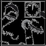 Disegno stilizzato in bianco e nero che mostra un volto umano con occhi socchiusi e un orologio analogico che indica le dodici