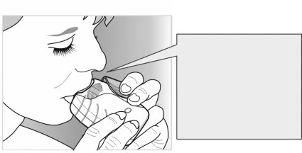 Black and white drawing of a person holding a medical device close to the mouth for