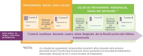 Graphical diagram with orange and green blocks illustrating the four cycles of medical treatment and ongoing monitoring over four years