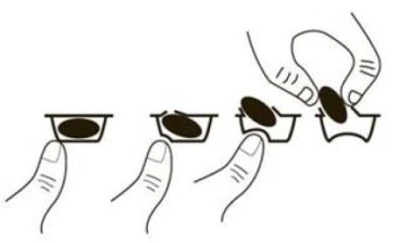 Schematic drawing showing the steps to remove a tablet from a blister by pressing the thumb on the bottom of the container