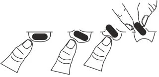 Sequence of four drawings showing hands applying a dark oval device onto a curved surface using finger pressure