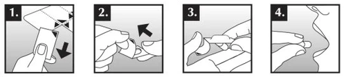 Sequence of four illustrations showing hands carefully opening and separating a medication package into small numbered panels