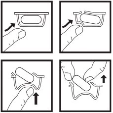 Diagramma in quattro fasi che mostra come una mano apre un contenitore di plastica ed estrae una capsula premendo con il pollice