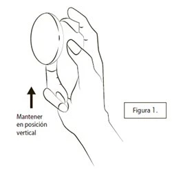Disegno lineare di una mano che tiene un dispositivo medico in posizione verticale con una freccia rivolta verso l'alto