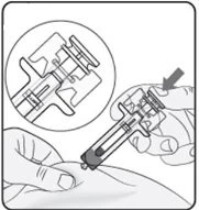 Disegno tecnico che mostra una mano che impugna un dispositivo medico per l'iniezione