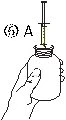Schematic drawing of a hand holding a vial with a syringe with needle inserted into the stopper and the labels '6 A' beside it