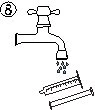 Black and white drawing of an open tap with water flowing toward a syringe and a medication vial placed on a surface