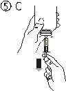 Technical drawing showing two hands holding a syringe for a