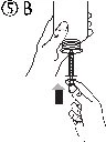Technical drawing showing two hands holding and manipulating a cylindrical medical device with a black arrow pointing toward the