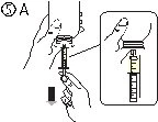 Technical drawing showing hands holding a syringe to draw liquid from a vial with a lateral magnified detail view