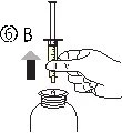 A hand holds a vertical syringe above the neck of a vial with a black arrow pointing toward the