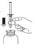 A hand holding a syringe with a finger pressing the plunger downward to draw liquid from a medical vial