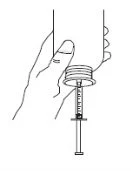 Line drawing of a hand holding a vial while pressing the plunger of a syringe with milliliter graduations downward