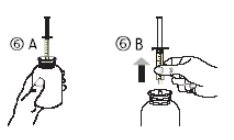 Medical diagram with two steps: the left hand holds a vial while the right hand inserts the