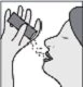A hand holds a spray bottle near a person's mouth, used for inhaling medication in the form of fine sprays