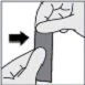 Two hands hold and separate a rectangular gray sheet, with a black arrow indicating movement to the right