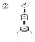 Diagramma con numero due che mostra un dito che preme verso il basso un cappuccio su un flacone medico tramite frecce direzionali