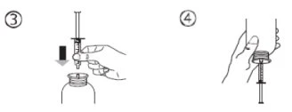 Diagramma medico che mostra una mano che inserisce l'ago di una siringa in un flaconcino e una mano che preme lo stantuffo per aspirare il liquido