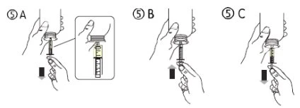 Tre diagrammi sequenziali che mostrano le mani che manovrano una siringa per aspirare o iniettare liquido da un flaconcino medico