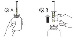 Diagramma medico in due fasi: 6A mostra una siringa inserita in un flaconcino e 6B una mano che estrae la siringa verso l'alto