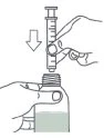 Technical drawing showing two hands inserting a syringe into a medicine vial with a downward-pointing arrow