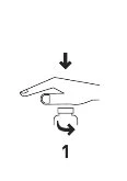 Diagramma con freccia verso il basso che indica di premere la mano sopra un flacone con una freccia curva che suggerisce di ruotarlo verso destra