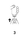 Disegno schematico che mostra una mano che preme verso il basso il dispositivo medico con una freccia nera rivolta verso l'alto e il numero 3