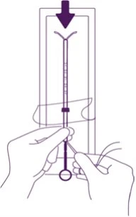 Technical diagram showing a hand pressing downward on a syringe-like medical device at