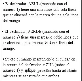Spanish text with three bullet points explaining how to align the blue slider with a single line and the green slider with a double line