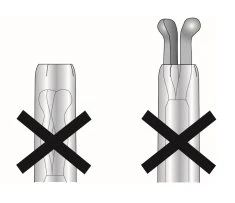 Two diagrams of gray cylindrical components each with a large black cross over them indicating incorrect or prohibited use