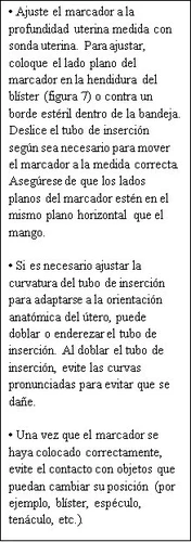 Spanish text in black on white background explaining how to adjust the marker depth and the curvature of the insertion tube
