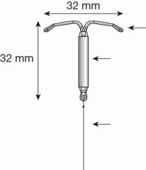 Technical diagram of a medical device with a width of 32 mm, height of 32 mm, and a thin wire attached to the lower base