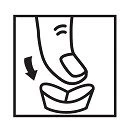 Линейное изображение, показывающее руку, нажимающую вниз на контейнер или медицинское устройство, расположенное на плоской основе