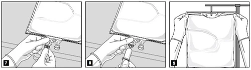 Three sequential illustrations showing gloved hands manipulating an infusion bag and a connector to prepare the medication