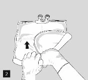 Technical drawing showing two hands manipulating a medical bag with a black arrow pointing toward the